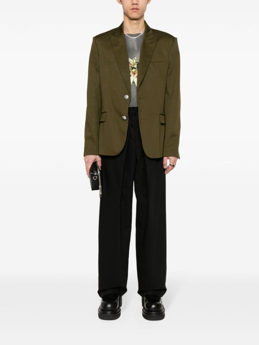 Balmain Peak Lapel Olive Green Cotton Gabardine Blazer