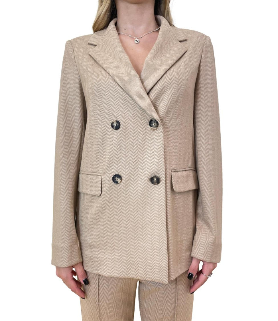 Max Mara Double-Breasted Beige Herringbone Jacket With Wide Lapels