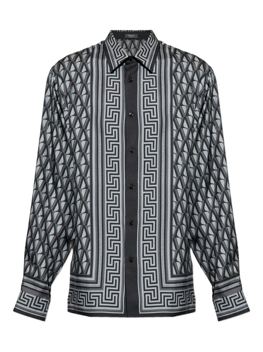 Versace Blue Geometric Greek Key Silk Shirt