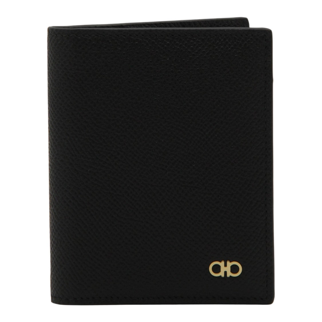 Ferragamo Compact Black Bi-Fold Wallet With Textured Surface And Gold Emblem
