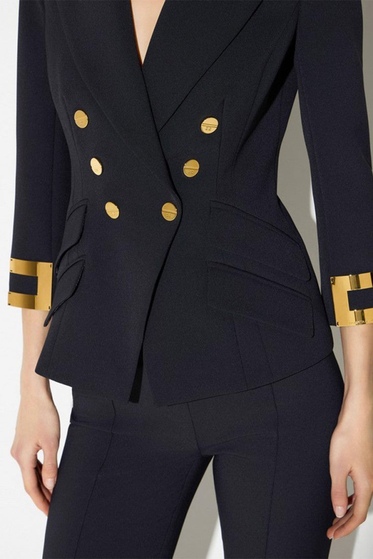 Elisabetta Franchi Black Double-Breasted Gold Buttons Polyester-Blend Blazer