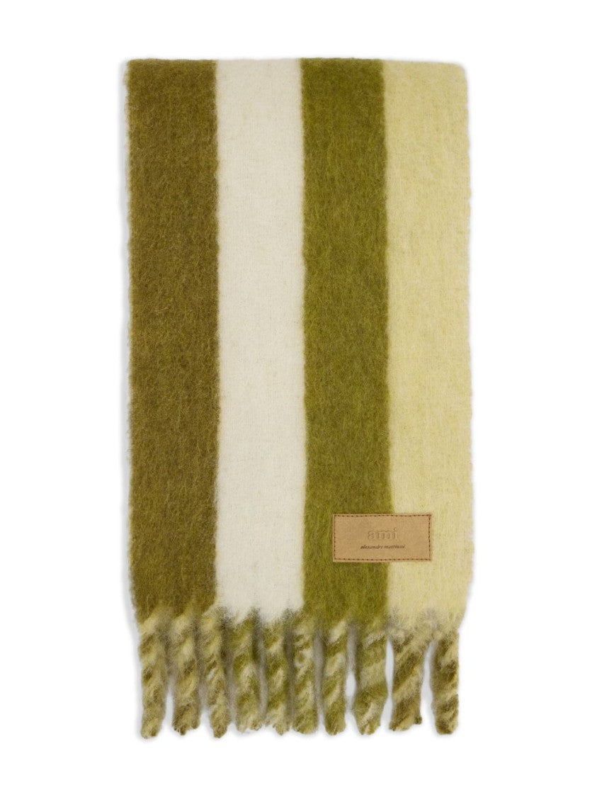 Ami Paris Ivory Lime Green Striped Fringed Scarf