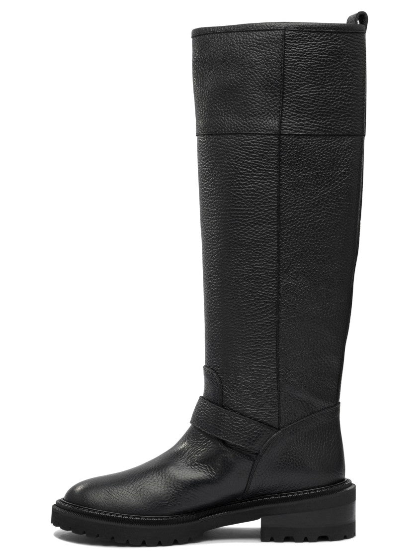 Via Roma 15 Textured Leather Tall Boots With Decorative Buckles