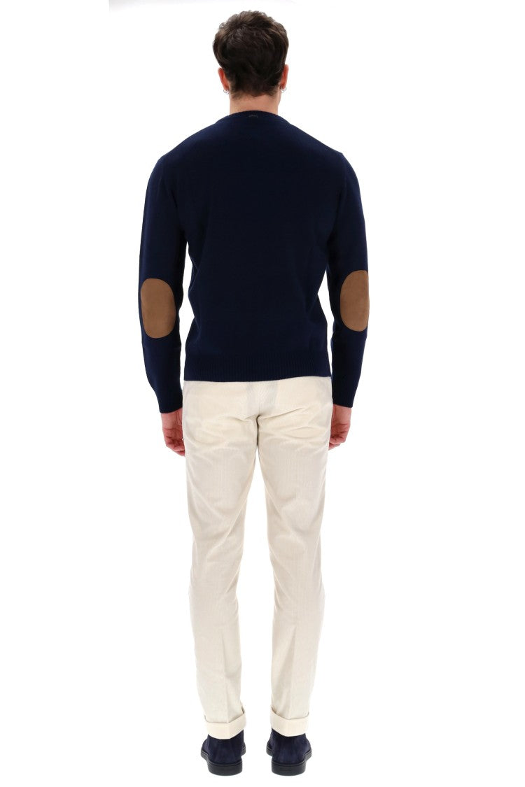 Herno Wool-Cashmere Crewneck Sweater With Suede Patches
