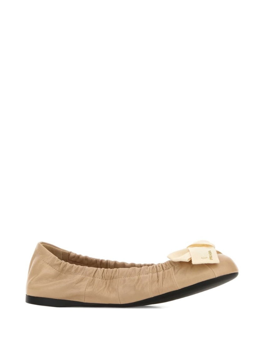 Prada Beige Sabbia Leather Curled Bow Flats