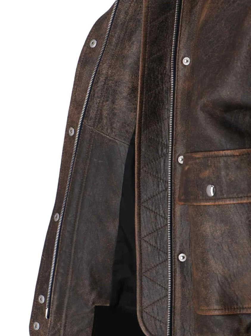 Khaite Distressed Brown Leather Jacket With Shearling Collar