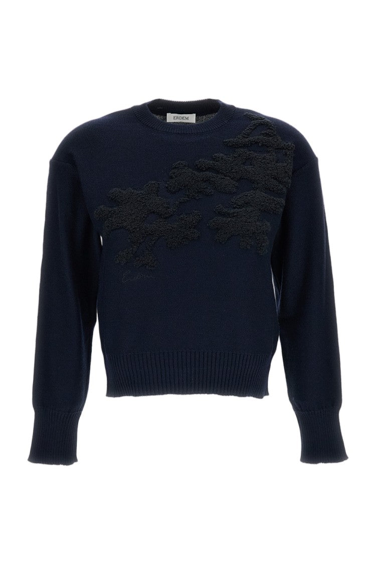 Erdem Cropped Crewneck Jumper In Extra Fine Merino Wool With Jacquard Floral Motifs
