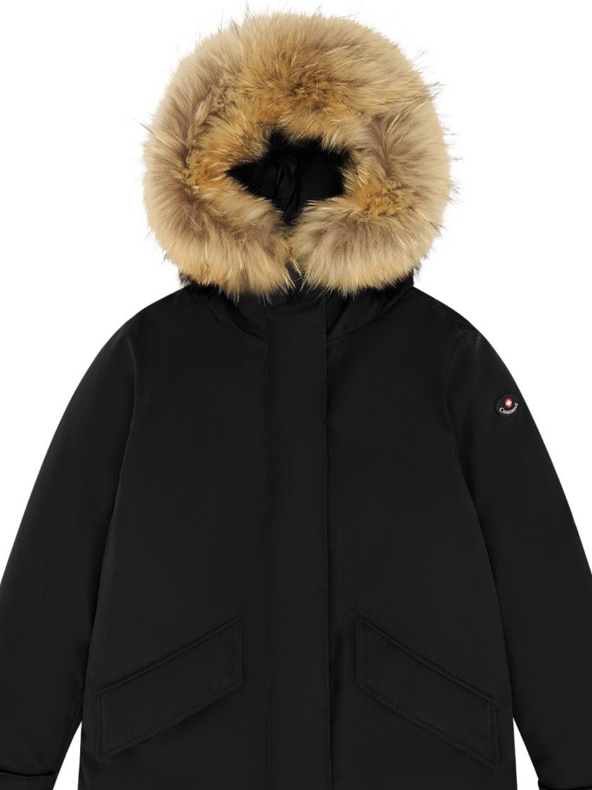 Canadiens Mid-Length Black Parka With Fur-Trimmed Hood