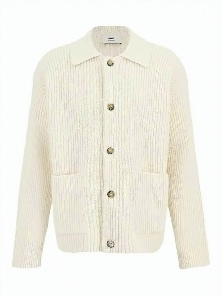 Ami Paris Chunky Ribbed Knit Cardigan With Classic Collar