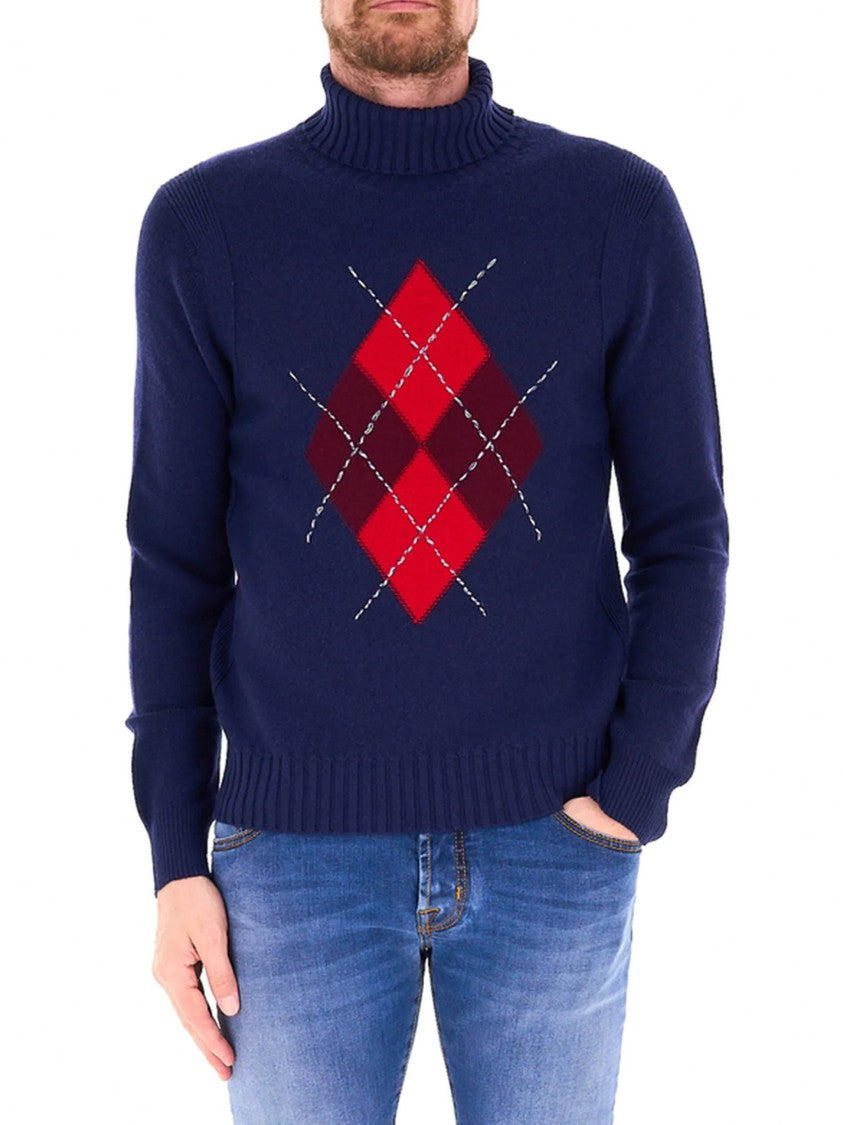 Ballantyne High Neck Argyle Pattern Wool Sweater