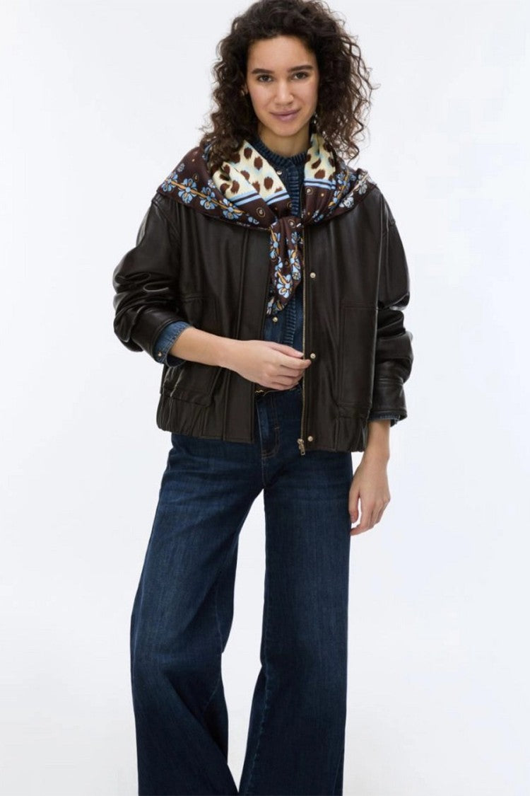 I Blues Dark Brown Glossy Cropped Bomber Jacket