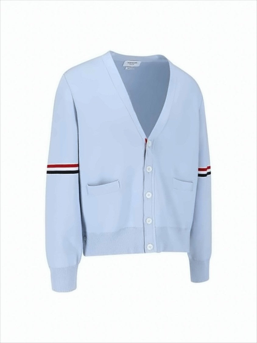 Thom Browne Light Blue Cotton Cardigan With Button-Down Front And Striped Accents