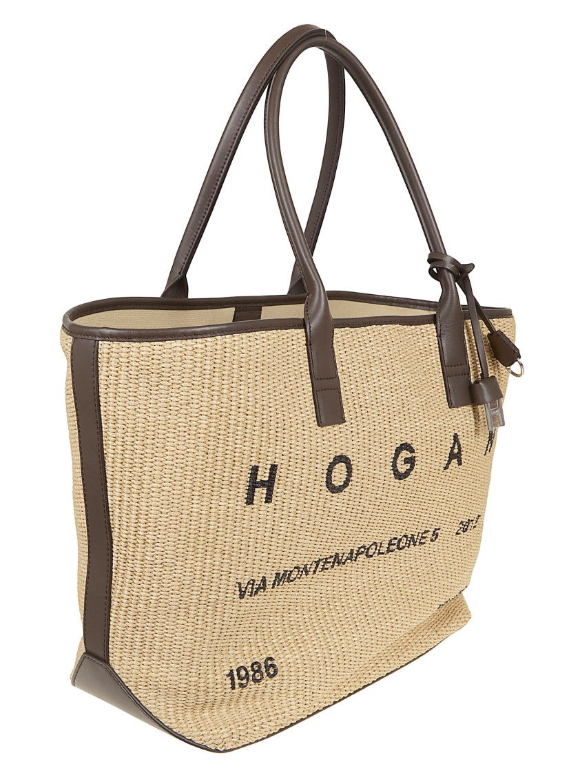 Hogan Medium Raffia Tote Bag With Leather Trim