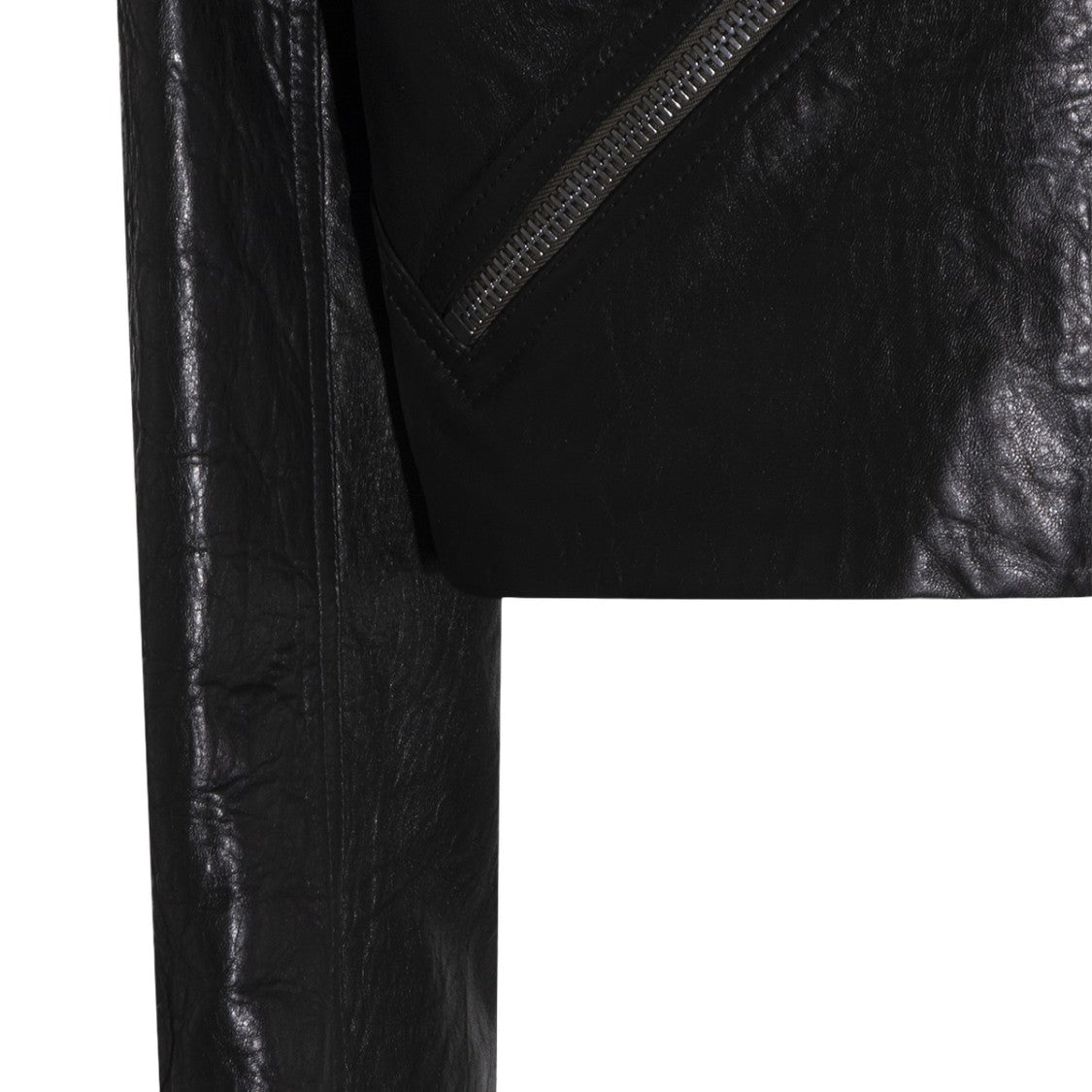 Rick Owens Cropped Black Leather Jacket With Zippered Pockets