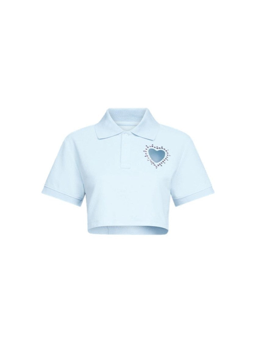 Area Crystal Heart Cut Out Cropped Polo Baby Blue