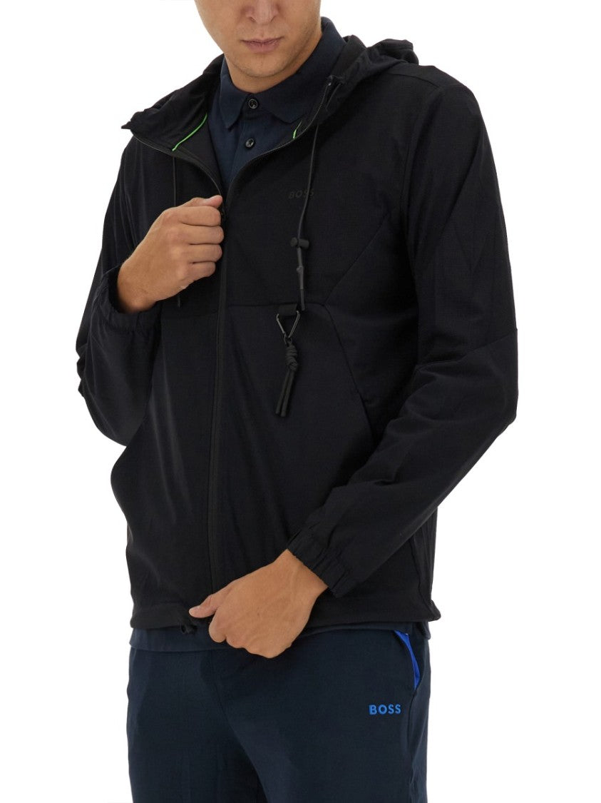 Boss Zip-Up Black Technical Fabric Hooded Sweatshirt