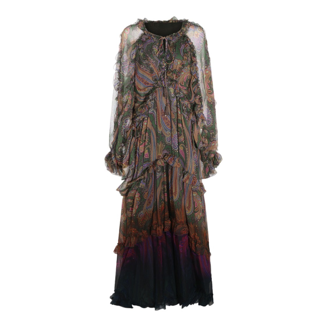 Etro Sheer Billowy Sleeves Ruffled Neck Maxi Dress