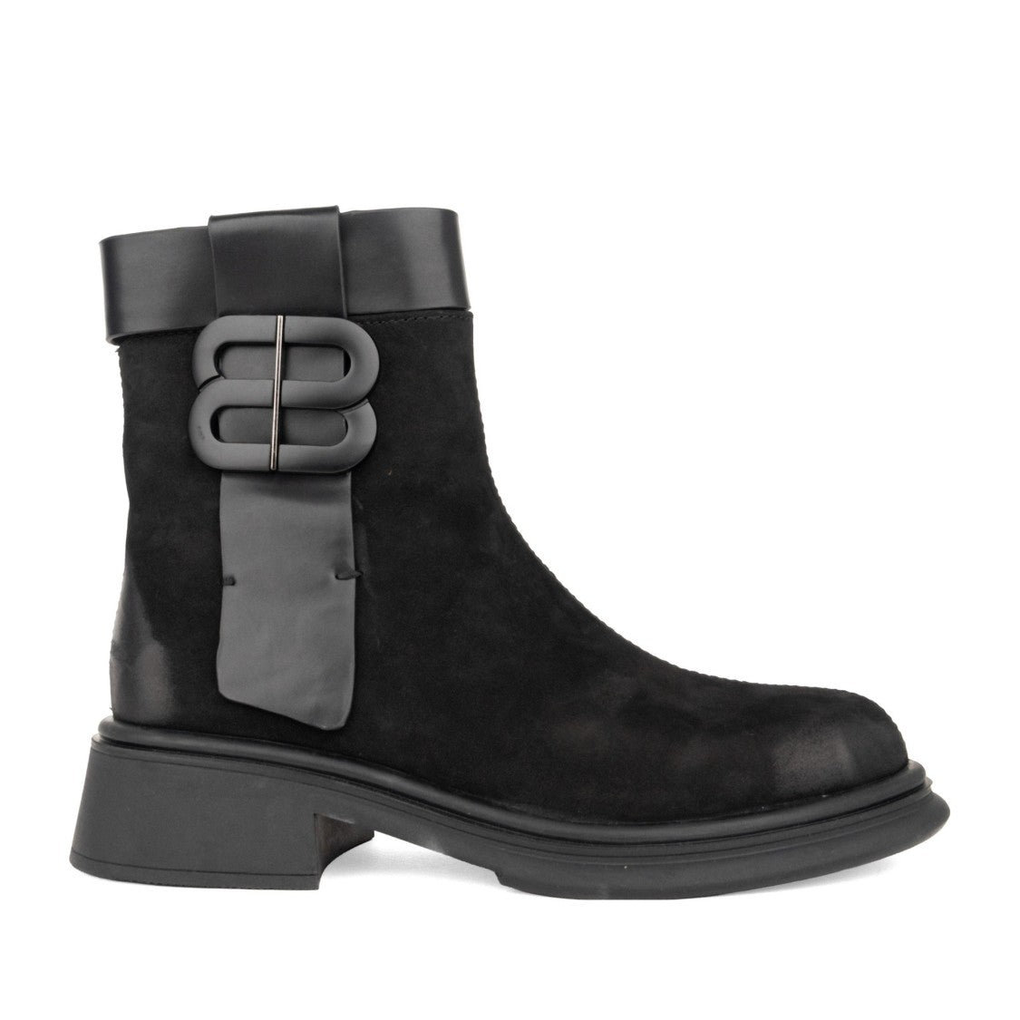 Linda Baumann Black Flat Oversized Buckle Suede Ankle Boots