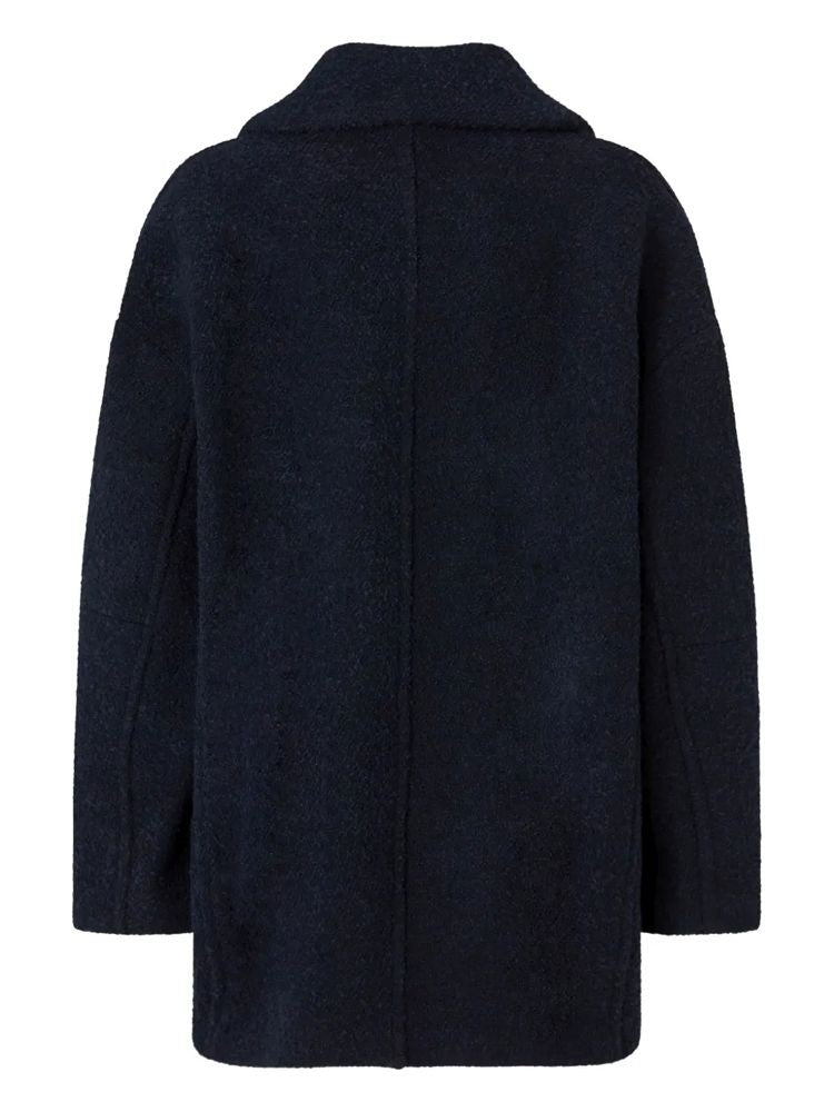 Pinko Double-Breasted Blue Coat With Leather Cuffs And Gold Accents