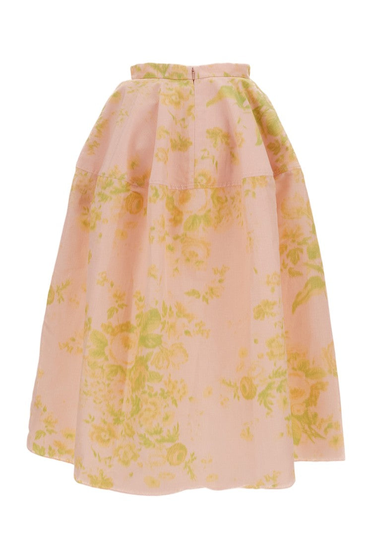 Erdem Floral Print Linen Chine Midi Full Skirt