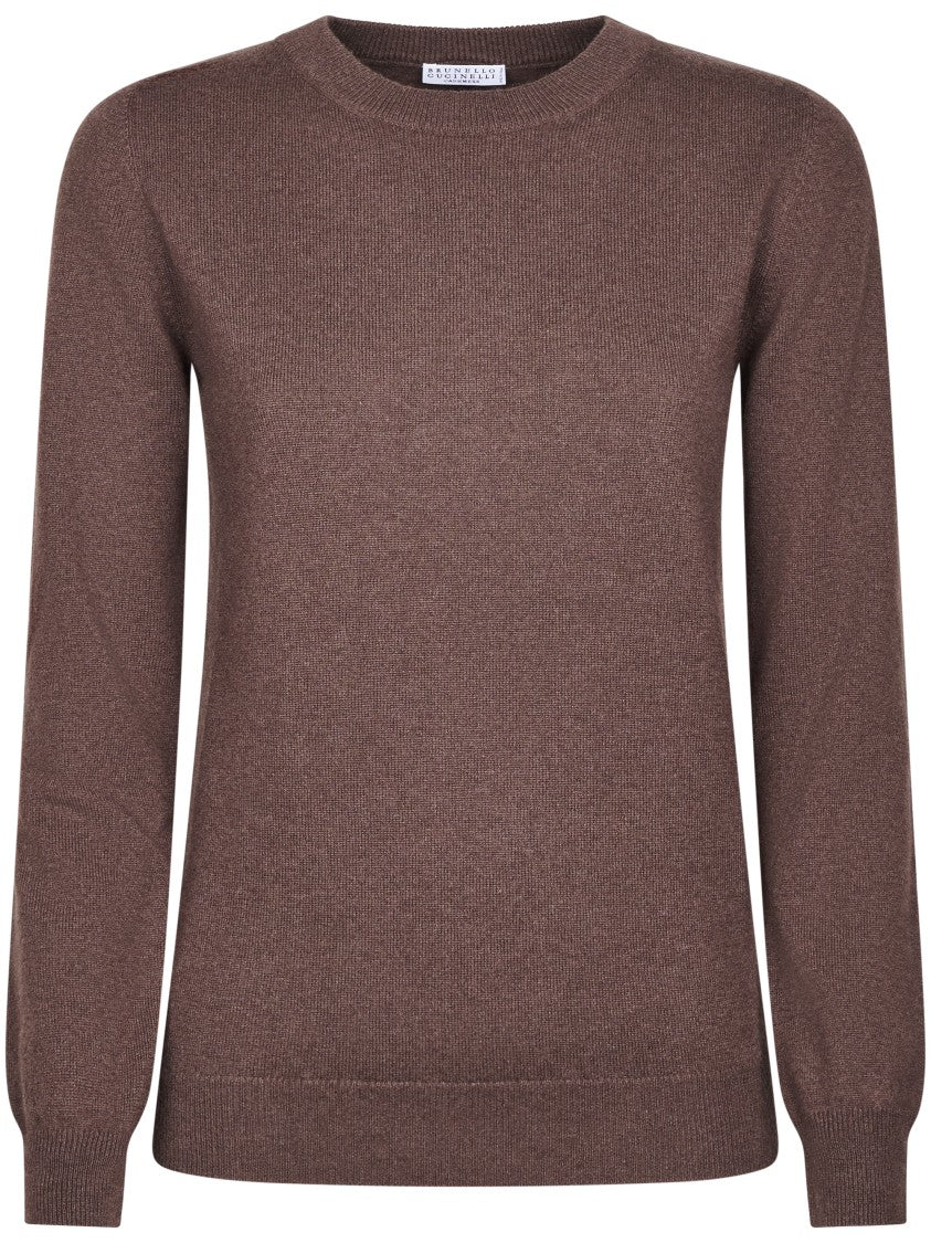 Brunello Cucinelli Fine Knit Brown Sweater With Crew Neckline And Ribbed Cuffs