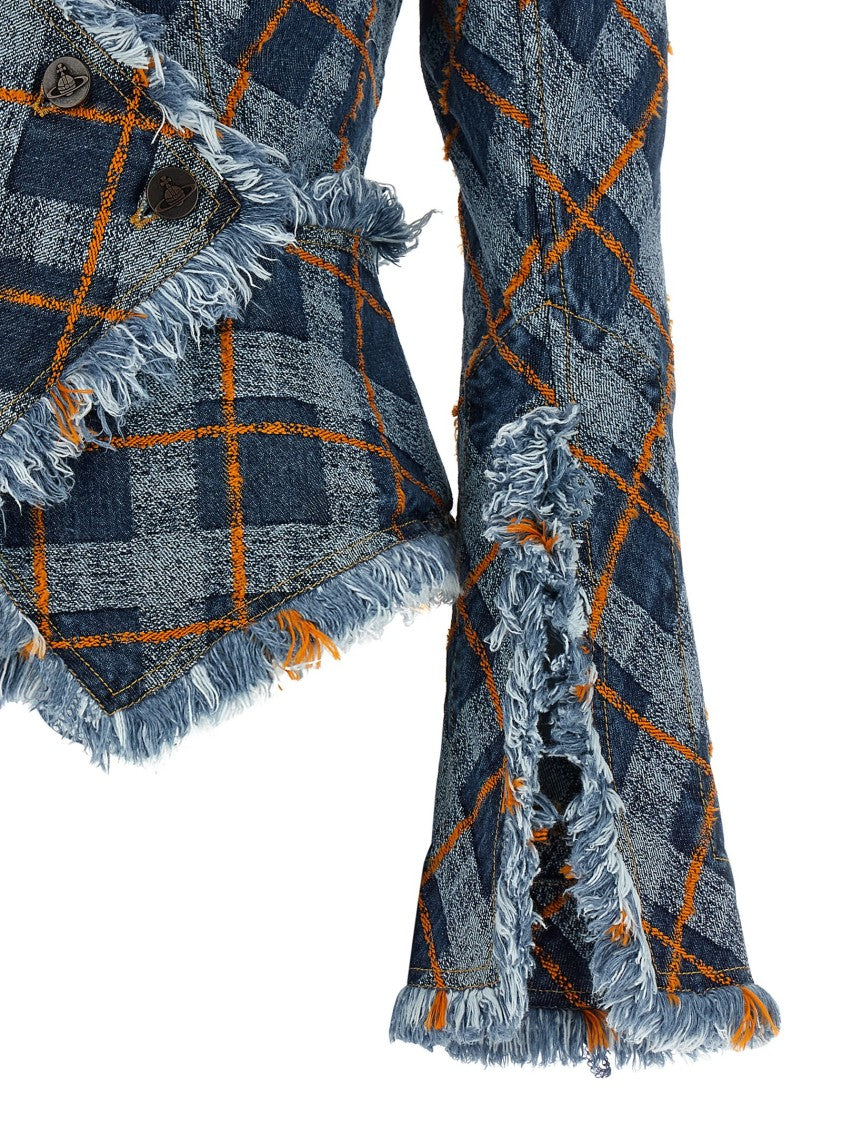 Vivienne Westwood Jacquard Tartan Denim Blazer With Asymmetrical Design And Frayed Edges