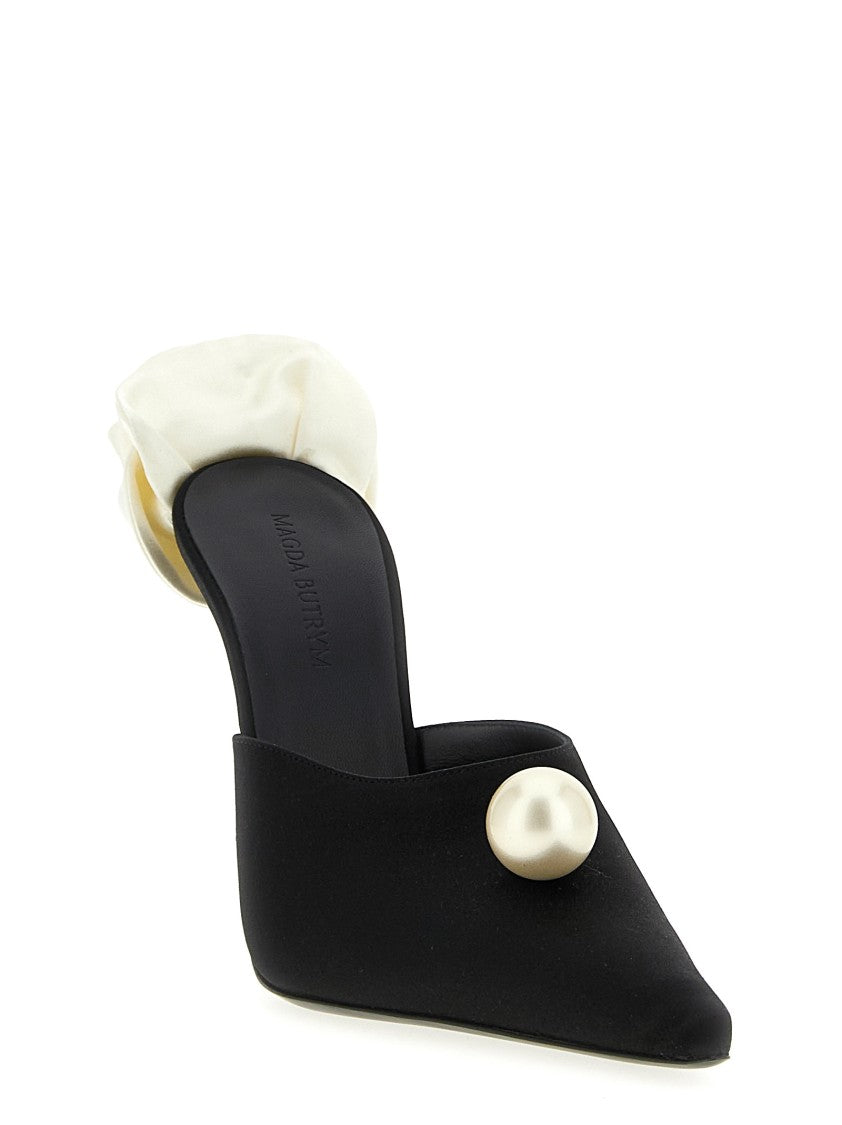 Magda Butrym Pointed Satin Mules With Oversized Pearl