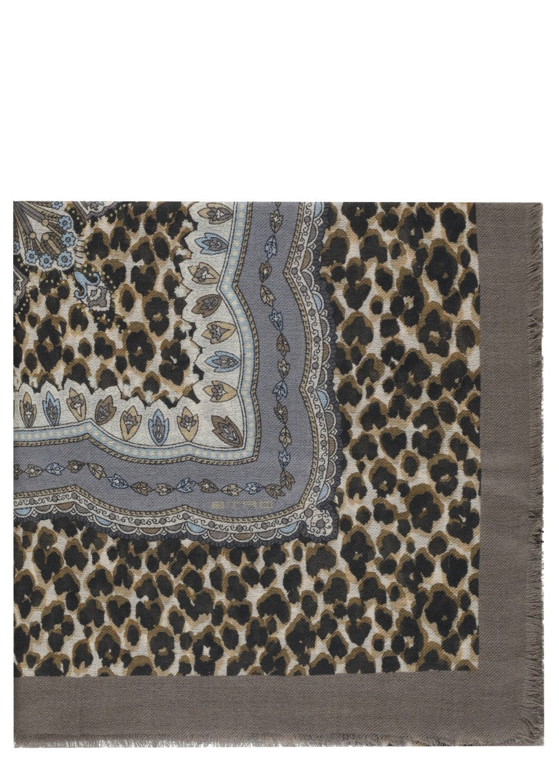 Etro Wool Blend Stole With Animalier And Paisley Print