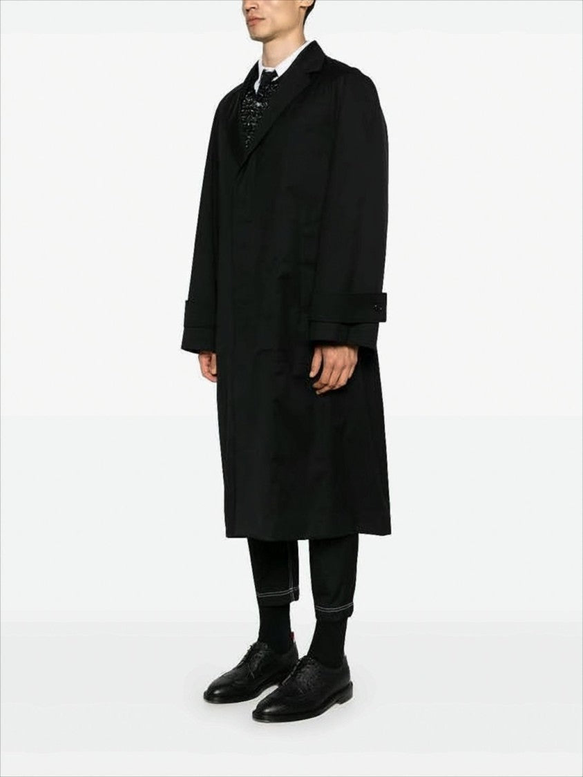 Thom Browne Long Black Wool Coat With Tailored Silhouette And Tricolor Accents