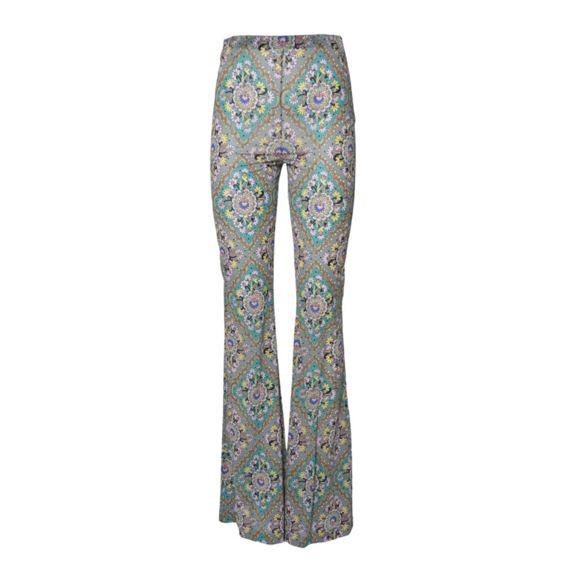 Etro Green Viscose Flare Pants Floral Medallion Print