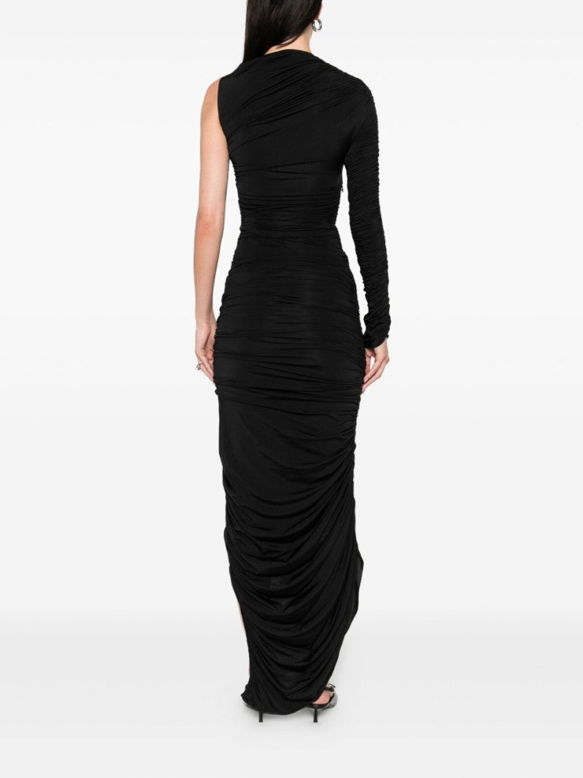 Mugler Black One Sleeve Draped Fitted Dress