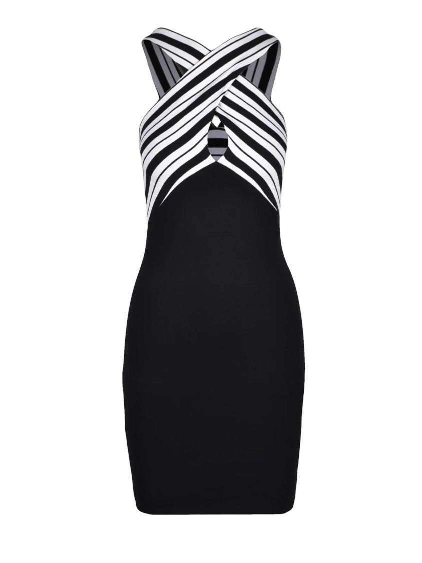 Patrizia Pepe Black/White Diagonal Striped Cotton-Blend Wrap Mini Dress