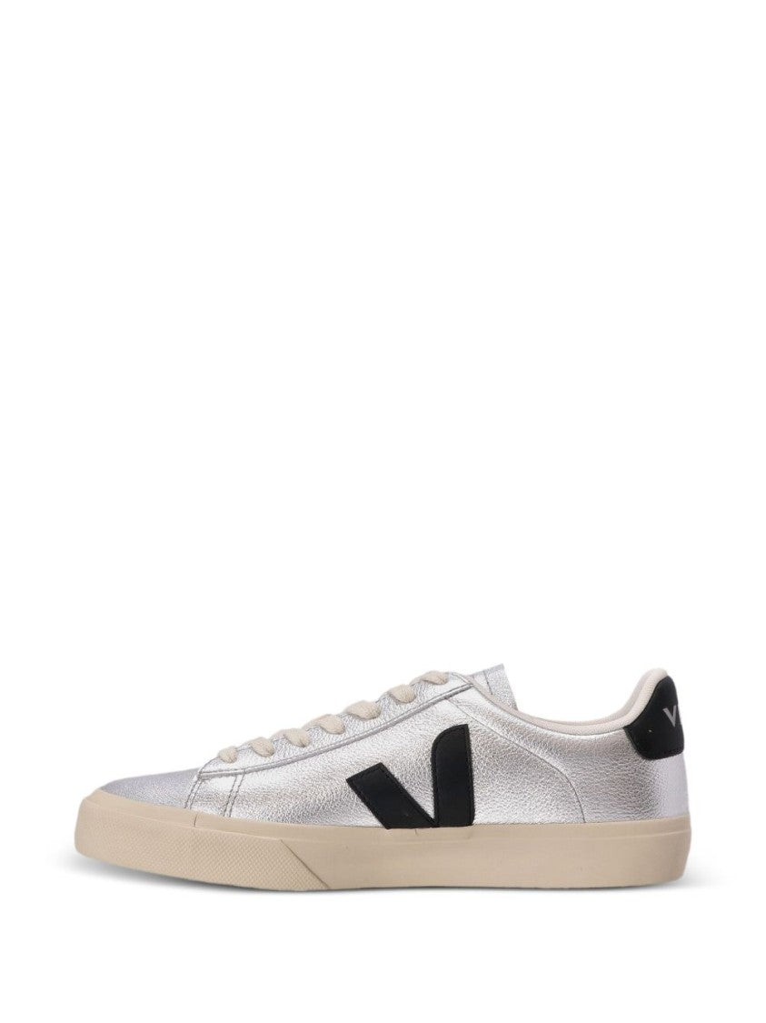 Veja Metallic Silver Leather Sneakers With Black Accents