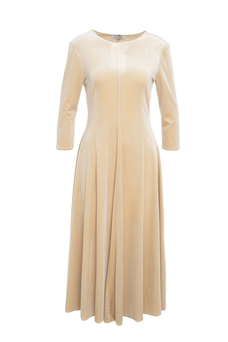 Gender Beige Velvet Maxi Dress With Three-Quarter Sleeves