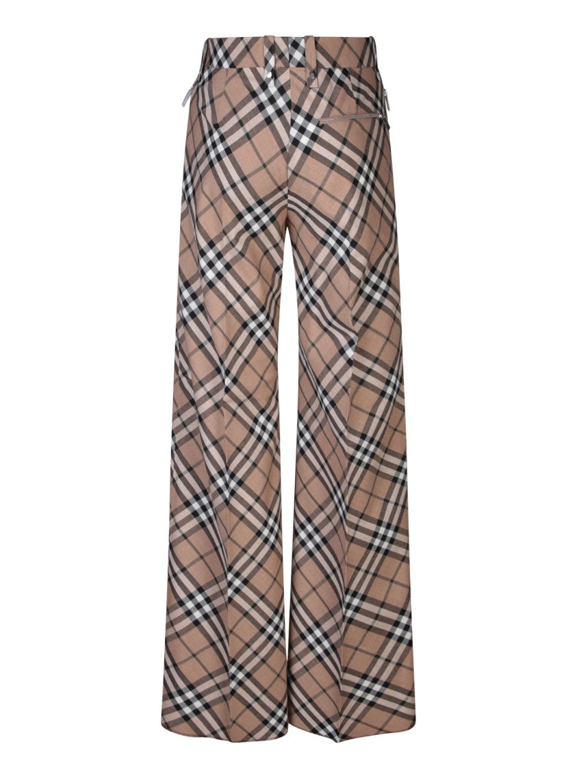 Burberry Wide-Leg Beige Trousers With Check Print