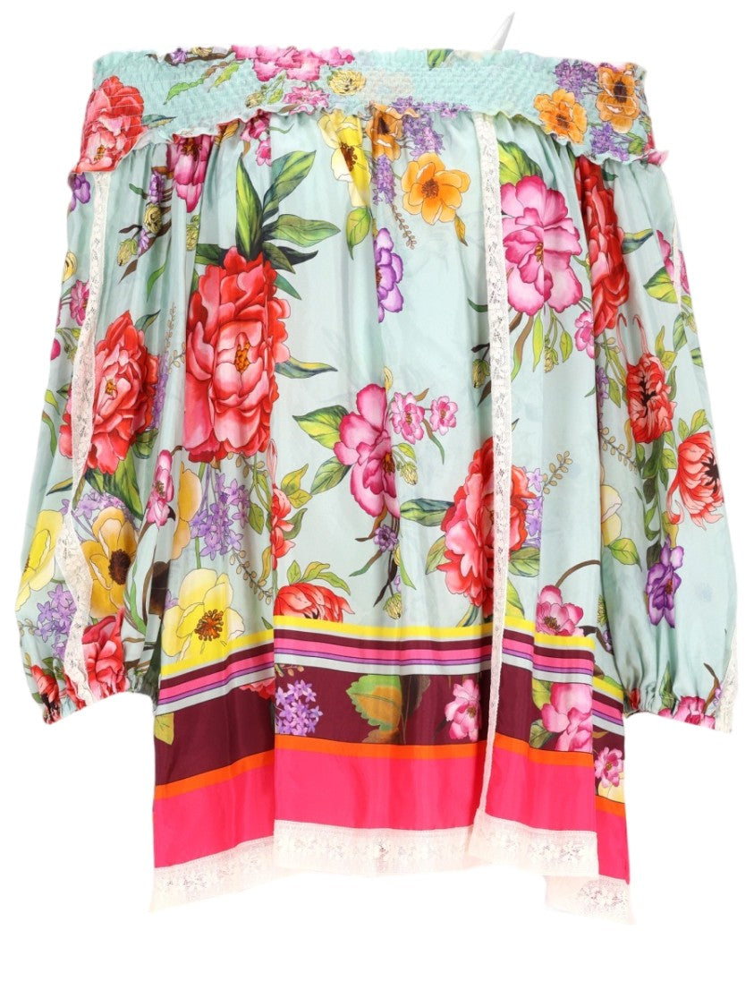 P.A.R.O.S.H. Off-The-Shoulder Floral Print Blouse With Voluminous Sleeves