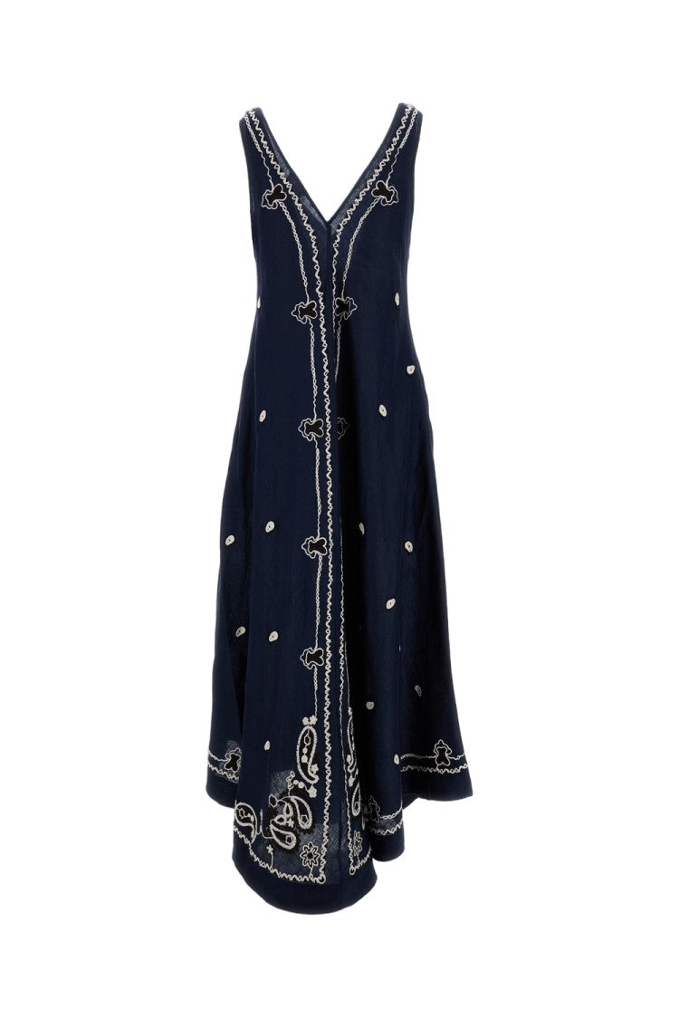 Parosh Intricately Embroidered A-Line Linen Dress