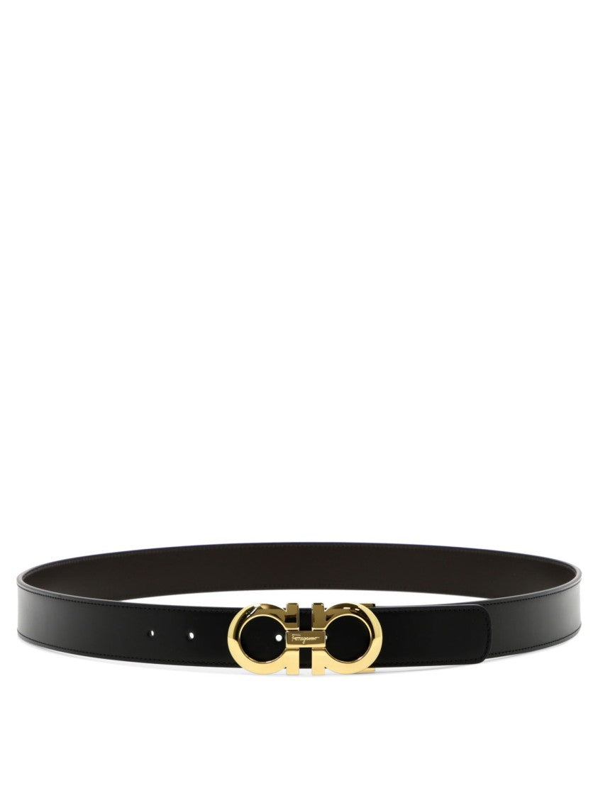 Ferragamo Leather Belt With Polished Brass Interlocking Buckle