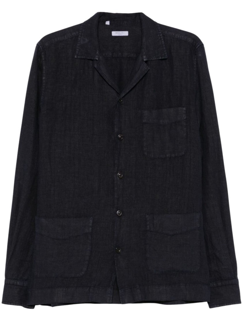 Boglioli Relaxed Fit Black Camp Collar Shirt