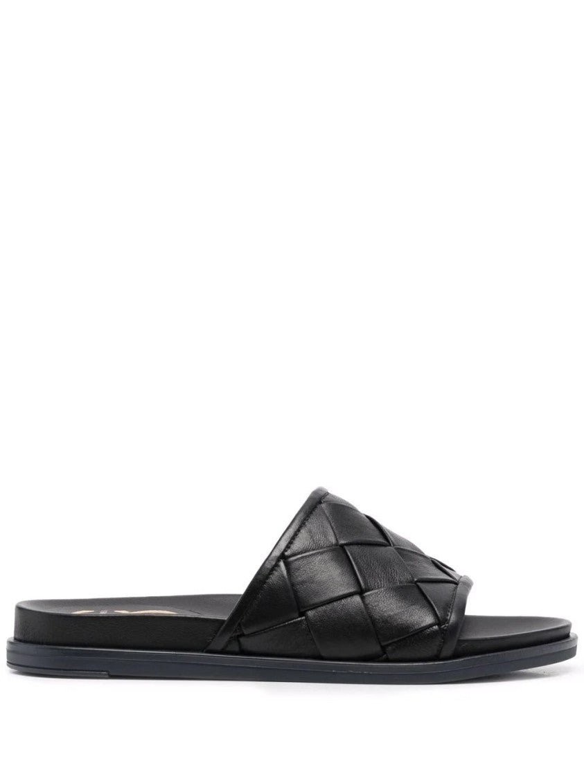 Casadei Minimalist Black Leather Mules With Woven Strap