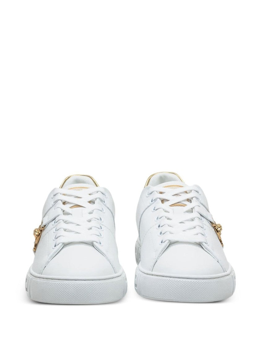 Versace White Greek-Key Pattern Leather Sneakers