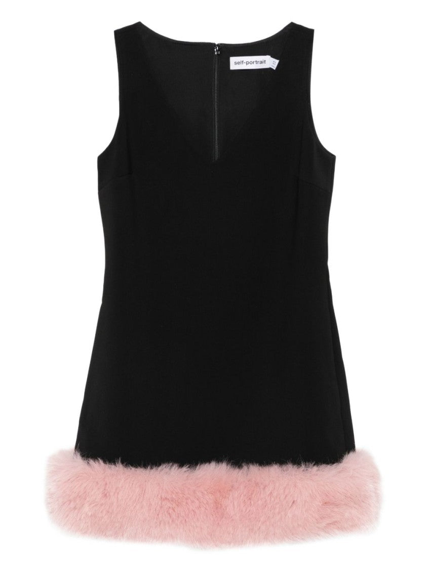 Self-Portrait Black Crepe Fur Hem Mini Dress
