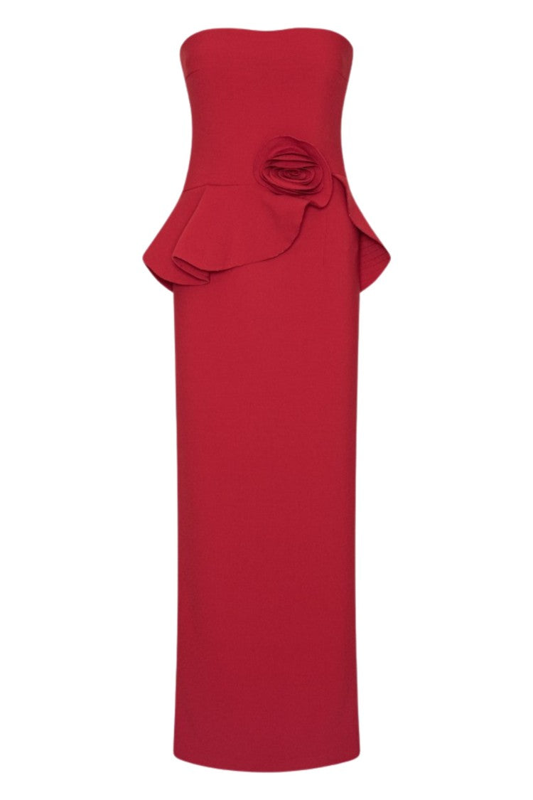 Rotate Red Long Flower Applique Rose Strapless Midi Dress
