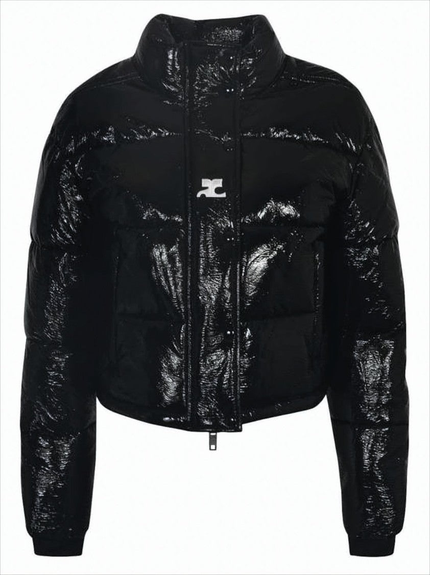 Courrèges Cropped Black Puffer Jacket With Glossy Finish And Adjustable Hem