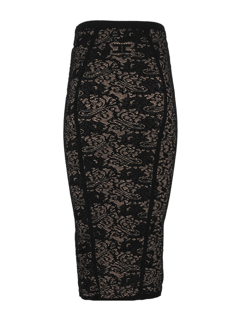 Elisabetta Franchi Black Lace Overlay Fitted Midi Skirt