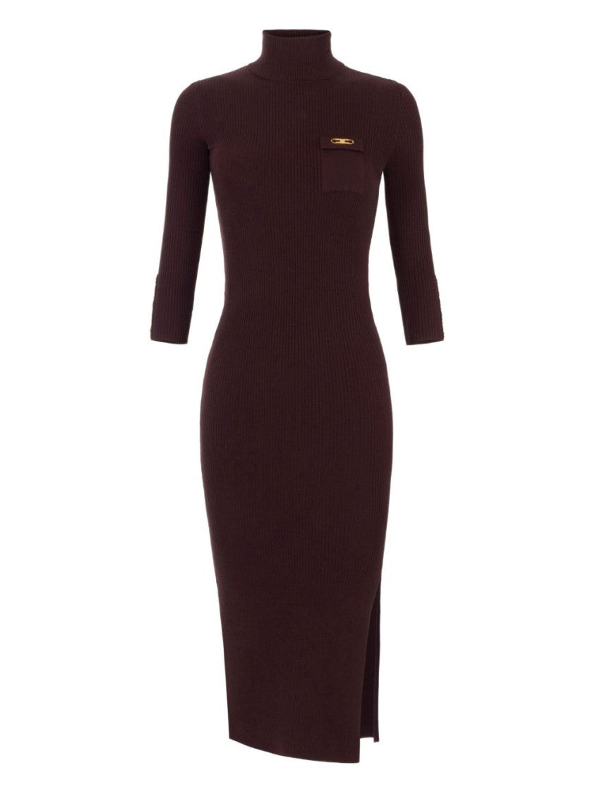 Elisabetta Franchi Ribbed Midi Dress With High Neckline