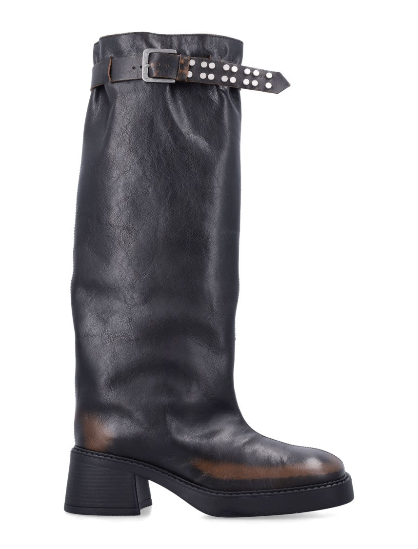 Miista Kristel Distressed-Leather Studded-Strap Boots