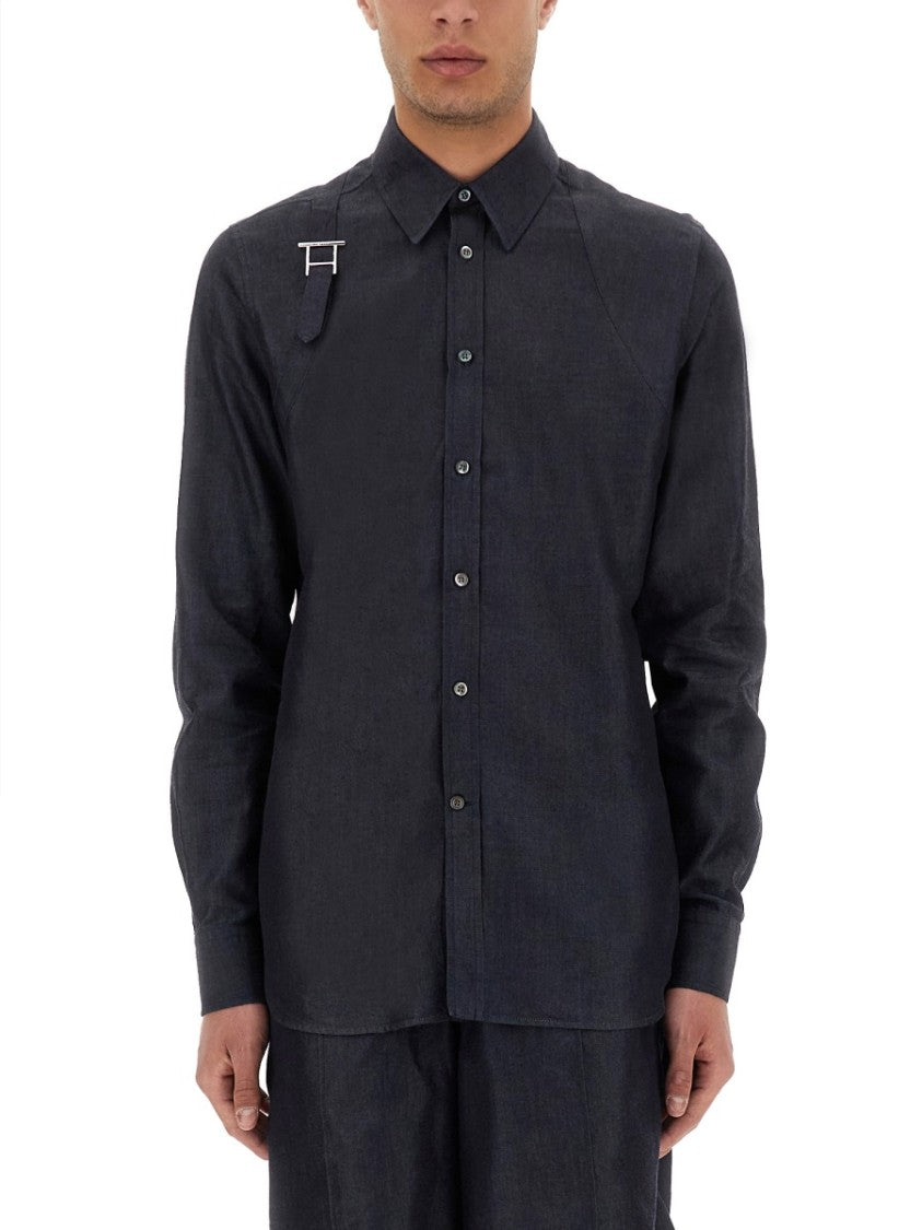 dress shirt harness McQueen Men's Logo Stretch Cotton Tape Harness Shirt - Black Silver