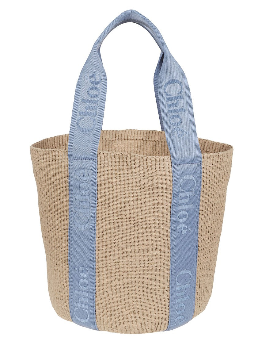 Chloé Woven Basket-Style Bag With Light Blue Handles And Embossed Branding