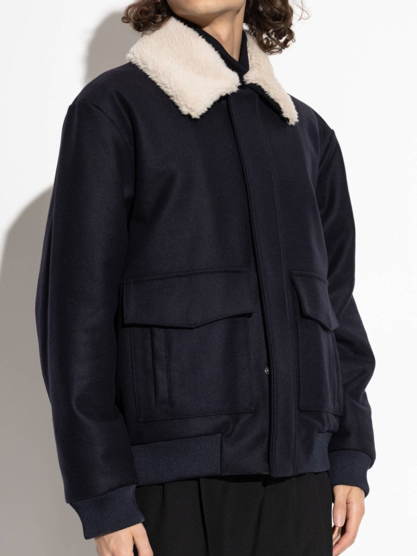 Balmain Navy Bomber Structured Shearling Jacket